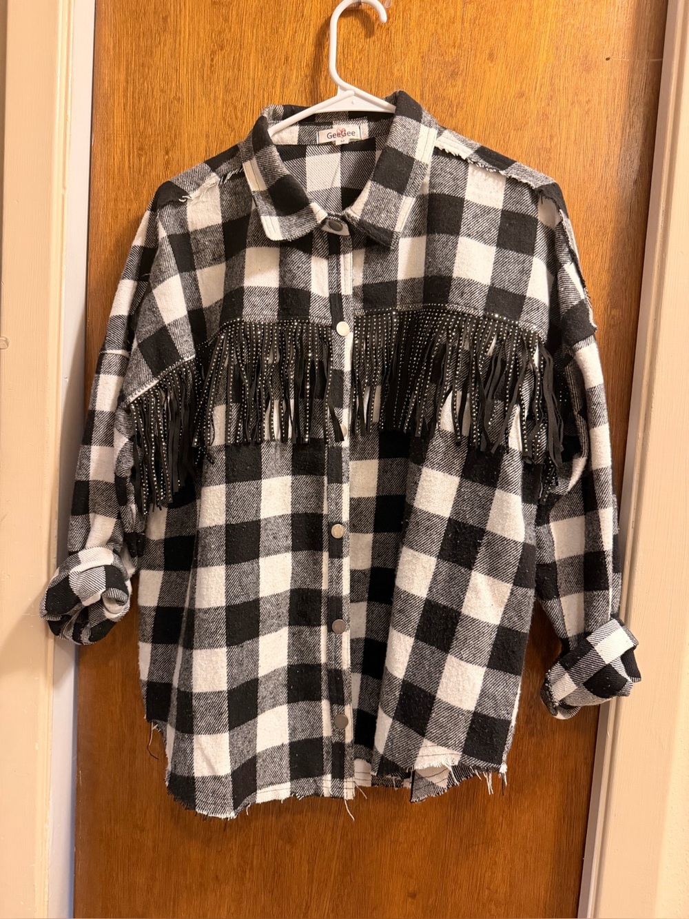 Black & White Buffalo Plaid Fringe Button-Up